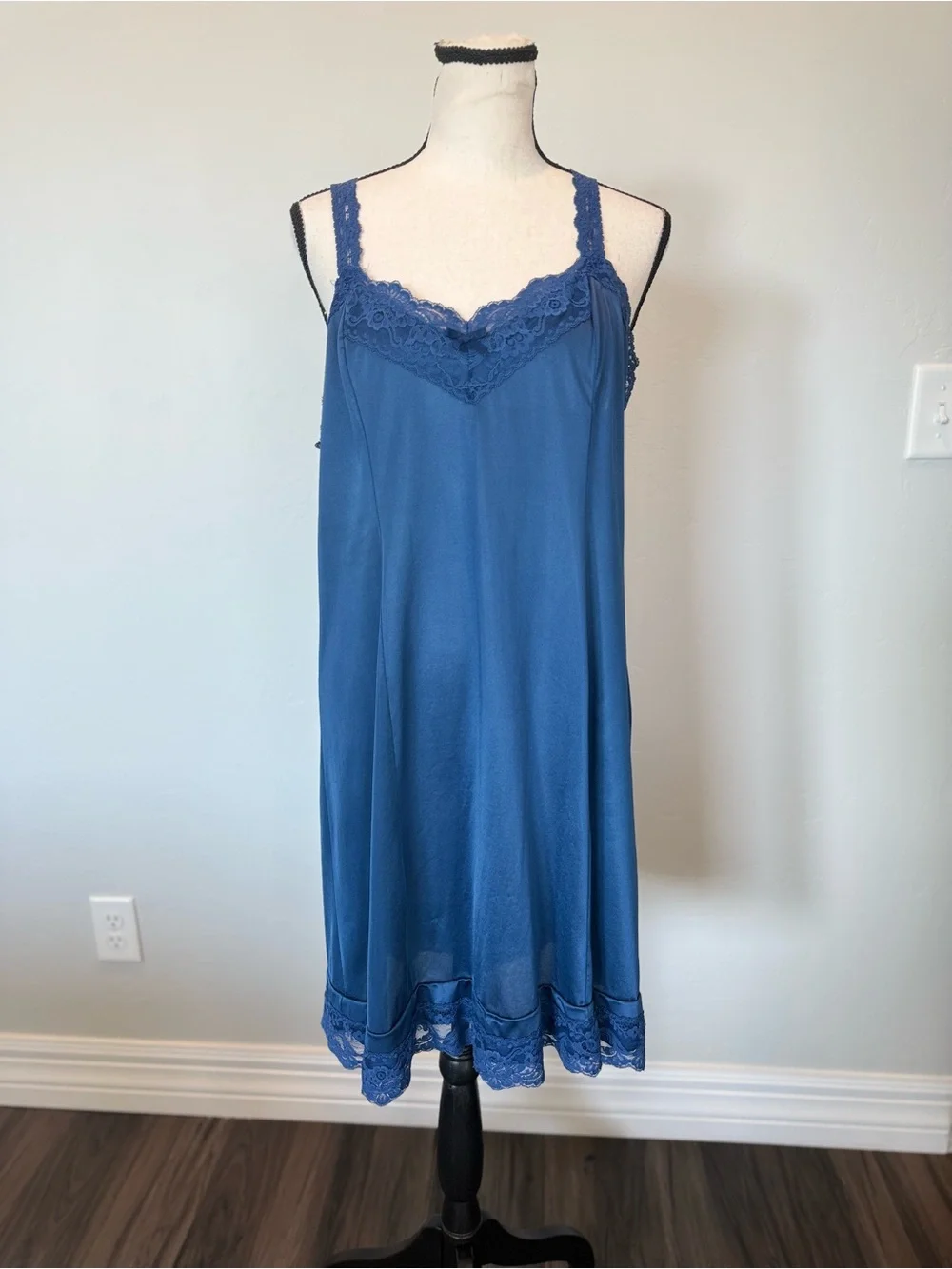 Vintage Sheer Elegance Blue Lace Trim Full Slip Nightgown USA Made Lingerie
